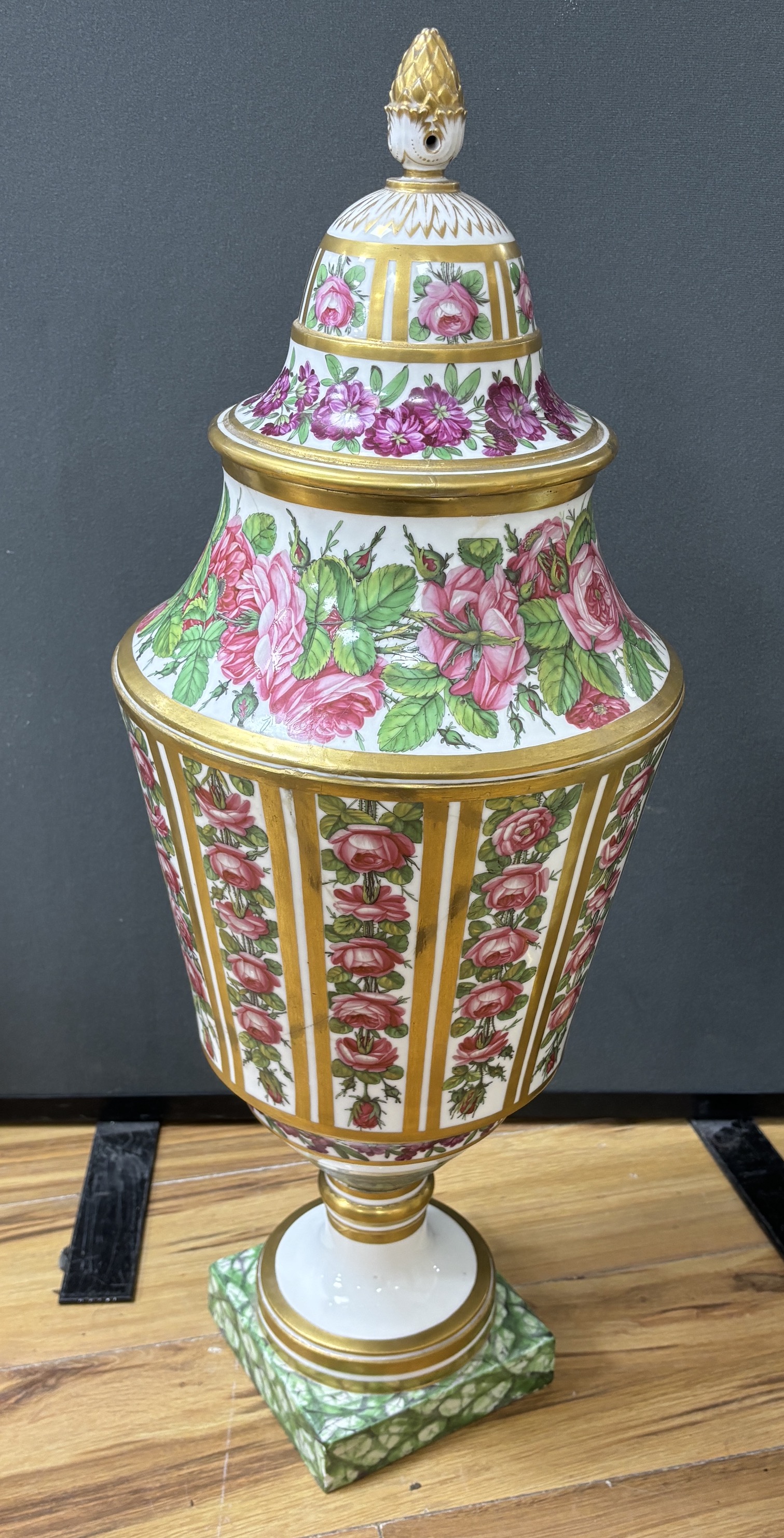 An impressive 19th century Paris porcelain vase and cover gilt and floral decoration, 75cm high